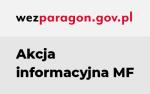 Plansza z adresem strony internetowej: wezparagon.gov.pl i napisem: akcja informacyjna MF
