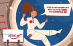 Komiksowa postać - astronautka w statku kosmicznym oraz napis 